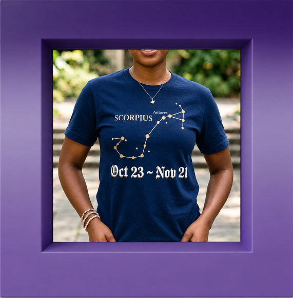 STAR navy constellation tee on a model inside a purple beveled frame