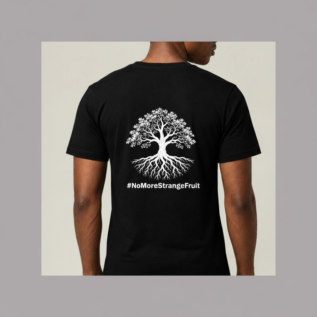 Back view of the BPDLT black T-shirt with tree artwork and hashtag, framed in muted lavender