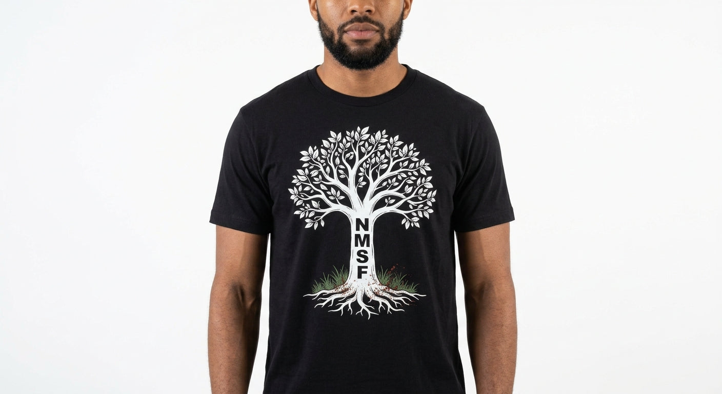 Black short-sleeve t-shirt with a white graphic of a tree and the letters 'NMSF' on the front