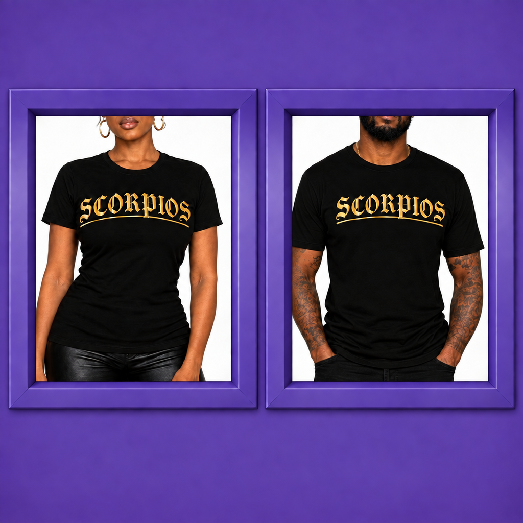STAR$ female and male models side by side in purple beveled frames