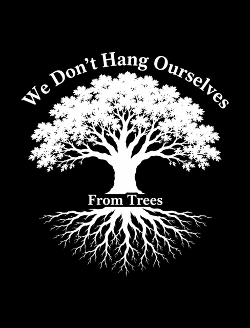 A black square graphic featuring a large white tree silhouette with the words 'We Don't Hang Ourselves' arched above it and 'From Trees' below the trunk, with the tree's roots extending downward.