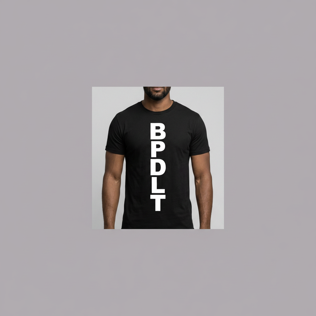 Front view of the BPDLT2 black T-shirt with vertical BPDLT lettering, framed in muted lavender
