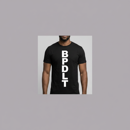 Front view of the BPDLT2 black T-shirt with vertical BPDLT lettering, framed in muted lavender