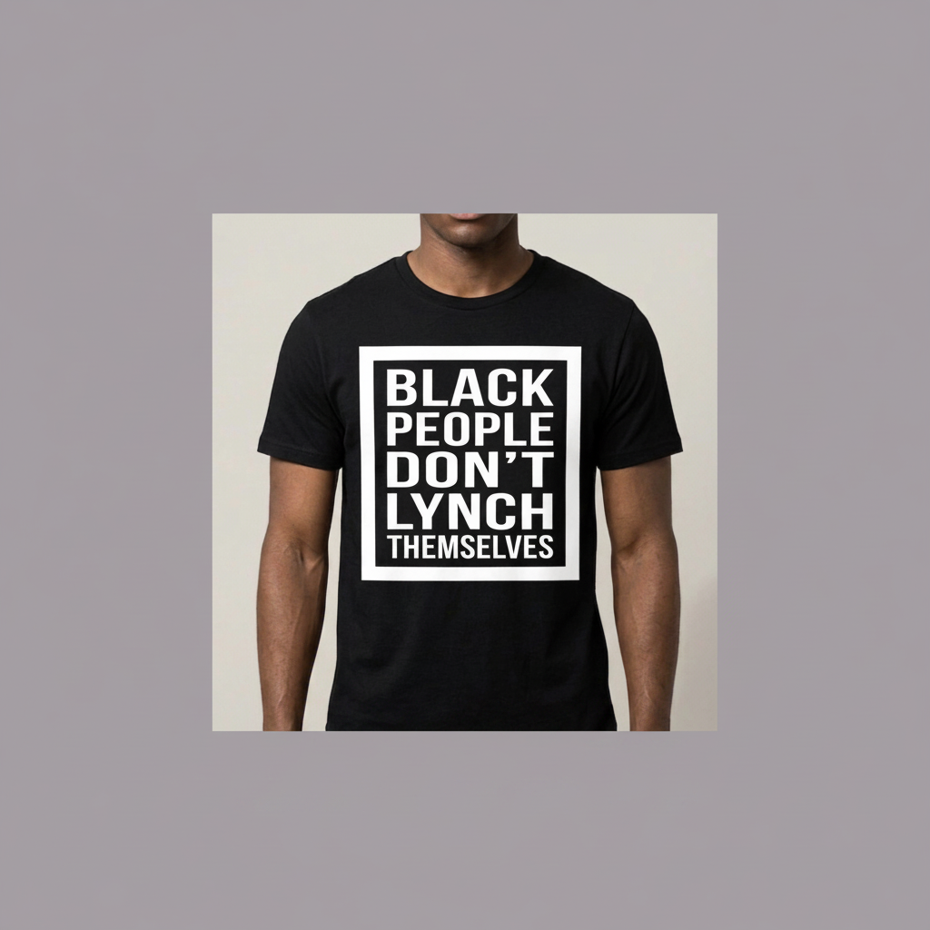 Front view of the BPDLT black T-shirt with its white graphic, framed in muted lavender