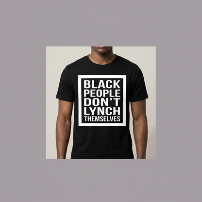 Front view of the BPDLT black T-shirt with its white graphic, framed in muted lavender