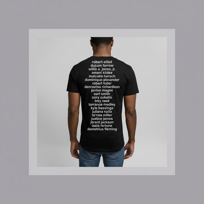 Back view of the BPDLT2 black T-shirt with memorial names, including Robert Elliot, framed in muted lavender