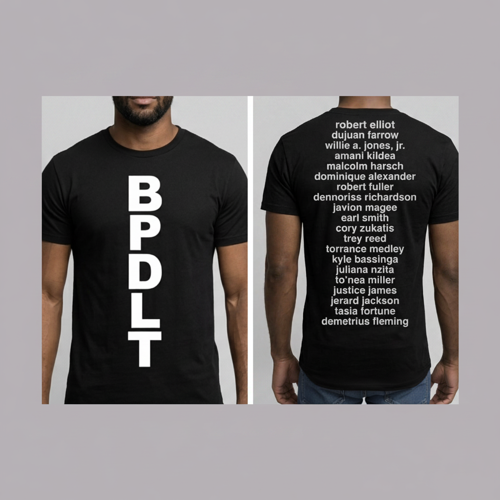 Front and back views of the BPDLT2 black T-shirt, with vertical BPDLT lettering on the front and memorial names on the back